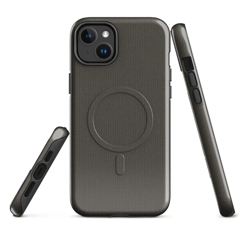 Glossy Charcoal Woven Texture MagSafe Tough Case for iPhone — dense horizontal ribbed woven textile pattern in deep warm