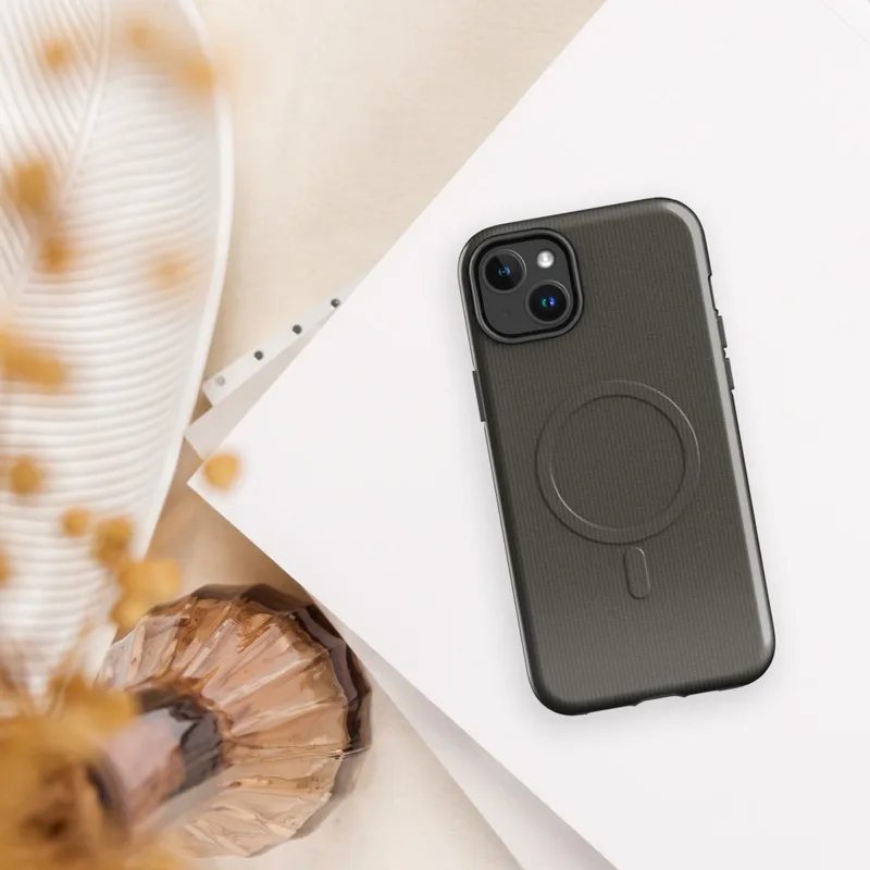 Glossy Charcoal Woven Texture MagSafe Tough Case for iPhone — dense horizontal ribbed woven textile pattern in deep warm