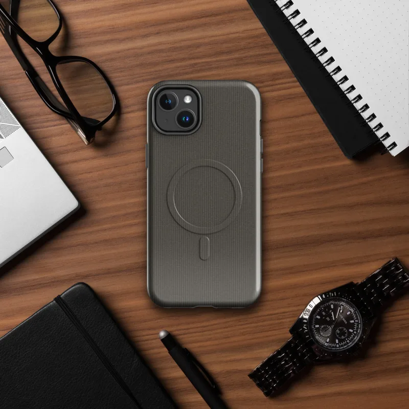 Glossy Charcoal Woven Texture MagSafe Tough Case for iPhone — dense horizontal ribbed woven textile pattern in deep warm