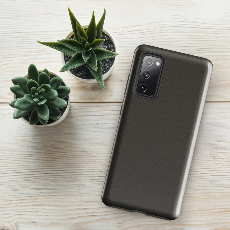 Glossy Charcoal Woven Texture Tough Case for Samsung — close-up ribbed fabric weave pattern in deep warm charcoal grey