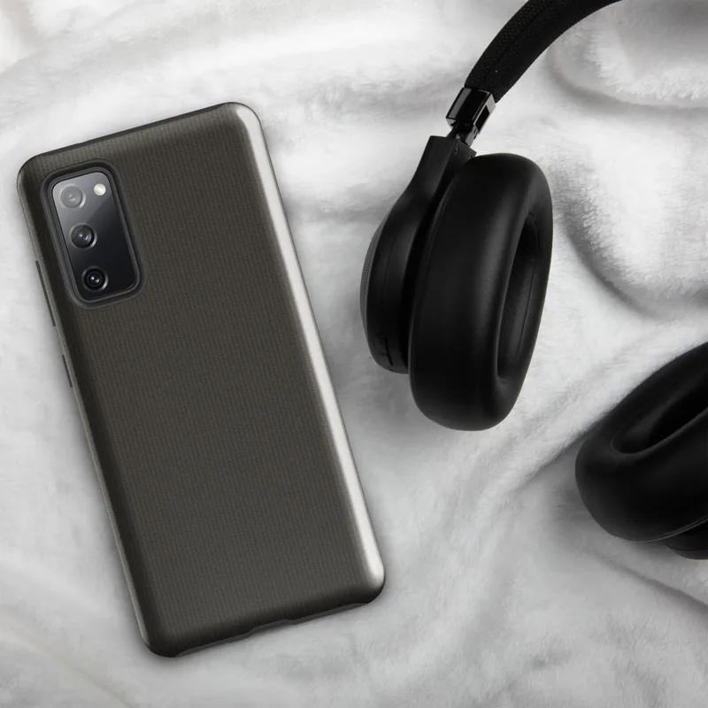Glossy Charcoal Woven Texture Tough Case for Samsung — close-up ribbed fabric weave pattern in deep warm charcoal grey