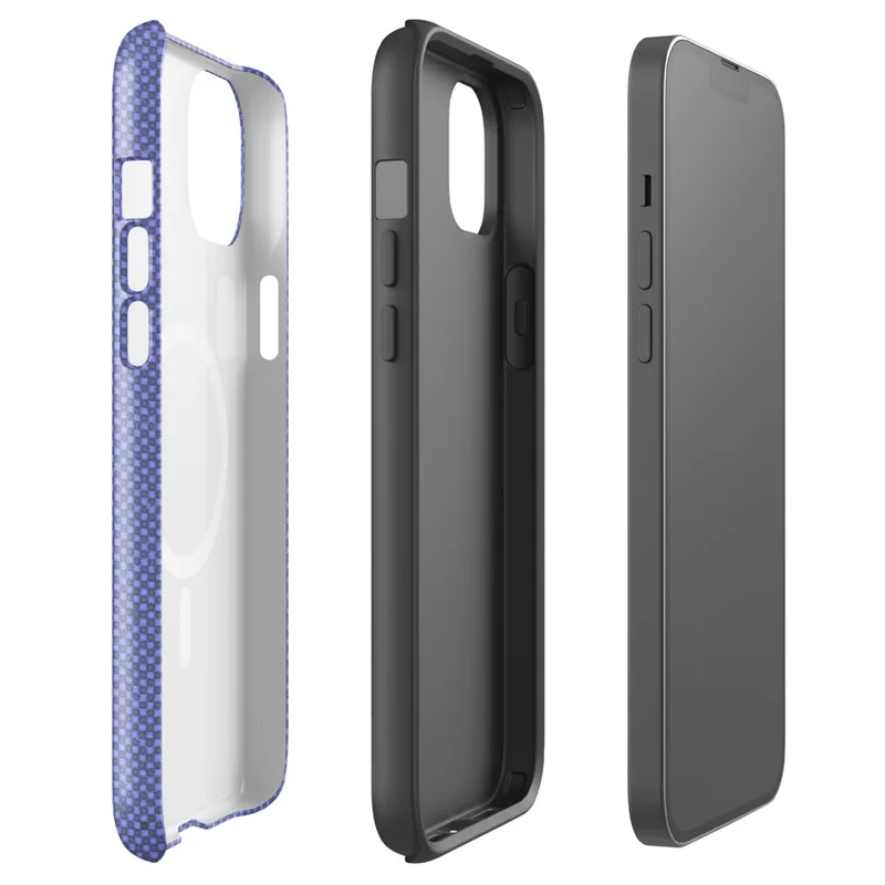 Glossy Periwinkle Static Texture MagSafe Tough Case for iPhone — fine checkerboard pixel pattern in periwinkle blue-violet