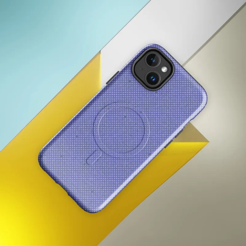 Glossy Periwinkle Static Texture MagSafe Tough Case for iPhone — fine checkerboard pixel pattern in periwinkle blue-violet
