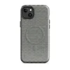 Glossy Woven Slate Grid MagSafe Tough Case for iPhone — tightly woven checkerboard textile pattern in slate teal and natural
