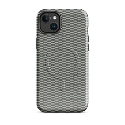 tightly woven checkerboard textile pattern in slate teal and natural cream, resembling hand-woven seagrass matting with organic fiber texture on Glossy Woven Slate Grid MagSafe Tough Case for iPhone - default - Front view