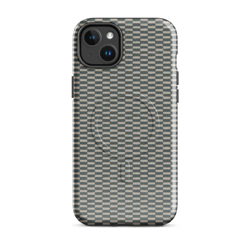 Glossy Woven Slate Grid MagSafe Tough Case for iPhone — tightly woven checkerboard textile pattern in slate teal and natural