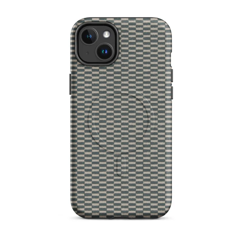 Matte Woven Slate Grid MagSafe Tough Case for iPhone — tightly woven checkerboard textile pattern in slate teal and natural