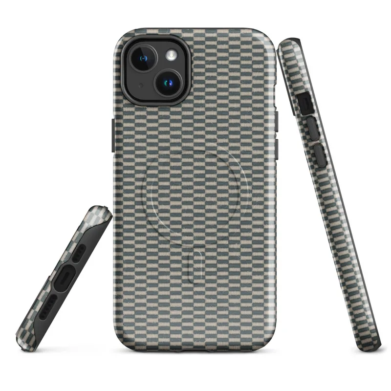 Glossy Woven Slate Grid MagSafe Tough Case for iPhone — tightly woven checkerboard textile pattern in slate teal and natural