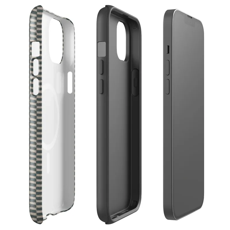 Glossy Woven Slate Grid MagSafe Tough Case for iPhone — tightly woven checkerboard textile pattern in slate teal and natural