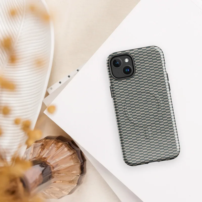 Glossy Woven Slate Grid MagSafe Tough Case for iPhone — tightly woven checkerboard textile pattern in slate teal and natural