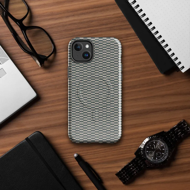 Glossy Woven Slate Grid MagSafe Tough Case for iPhone — tightly woven checkerboard textile pattern in slate teal and natural