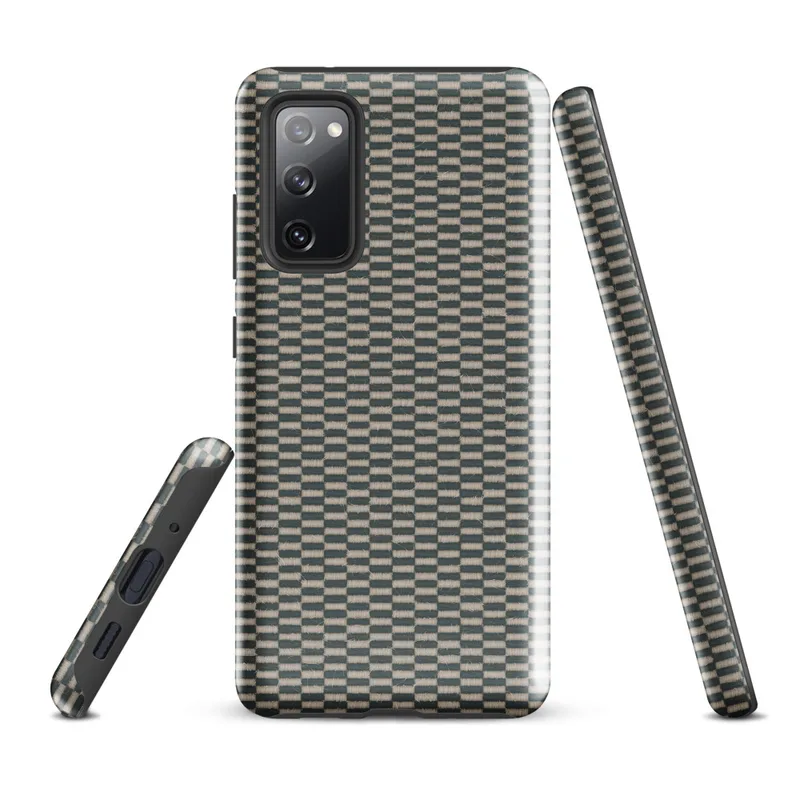 Glossy Woven Grid Slate Tough Case for Samsung — tightly woven basket-weave grid pattern in slate teal and warm linen beige