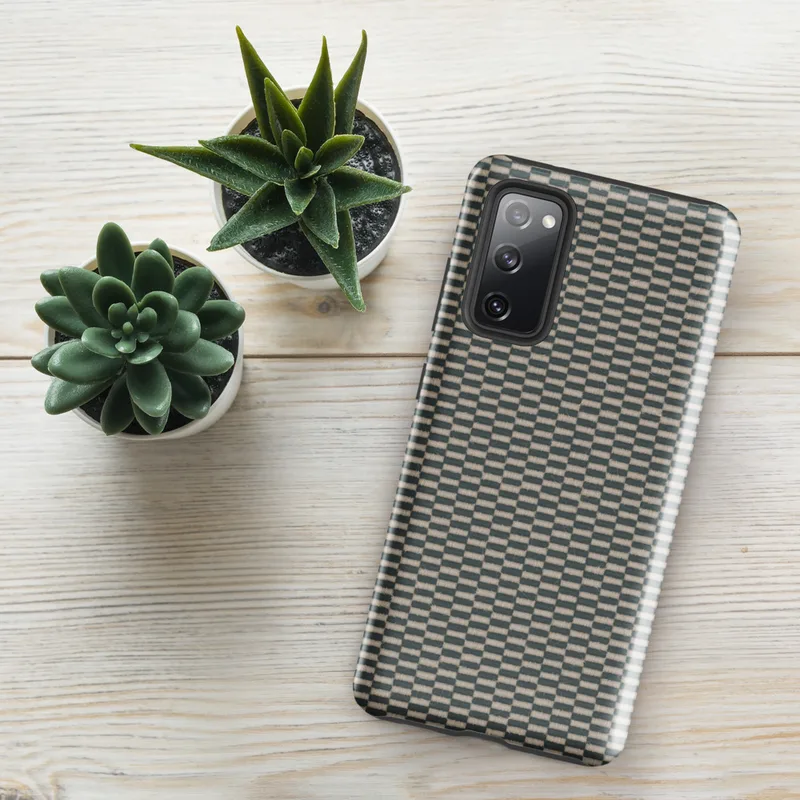 Glossy Woven Grid Slate Tough Case for Samsung — tightly woven basket-weave grid pattern in slate teal and warm linen beige