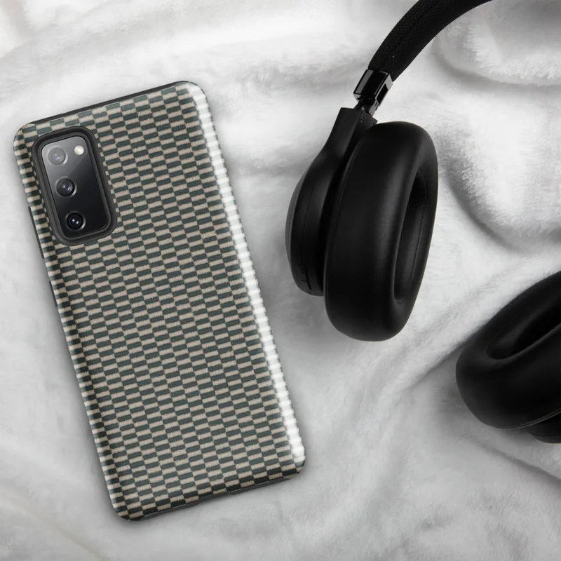 Glossy Woven Grid Slate Tough Case for Samsung — tightly woven basket-weave grid pattern in slate teal and warm linen beige