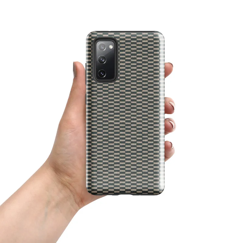 Glossy Woven Grid Slate Tough Case for Samsung — tightly woven basket-weave grid pattern in slate teal and warm linen beige