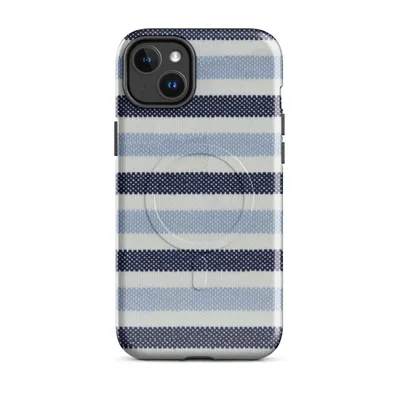 horizontal stripes of navy, sky blue, and white in a repeating woven textile pattern on Glossy Nautical Stripe Seas the Day MagSafe Tough Case for iPhone - default - Front view