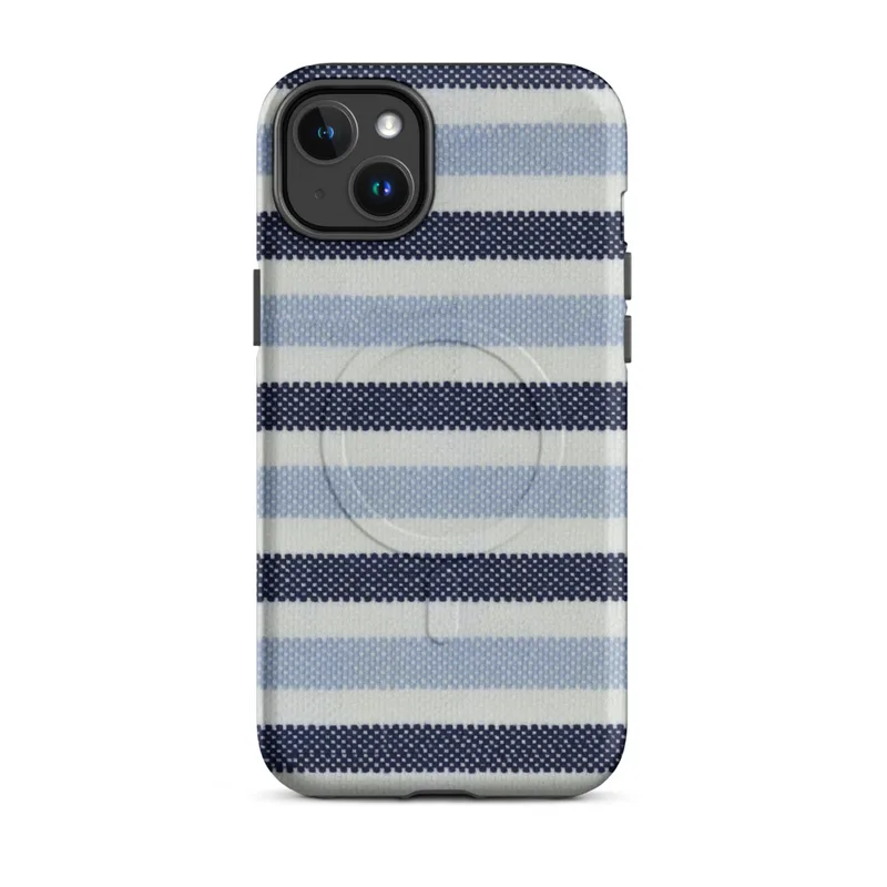 Matte Nautical Stripe Seas the Day MagSafe Tough Case for iPhone — horizontal stripes of navy, sky blue, and white