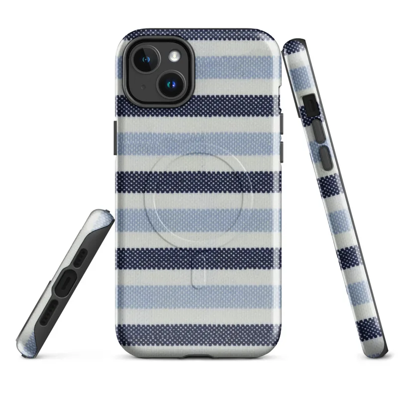 Glossy Nautical Stripe Seas the Day MagSafe Tough Case for iPhone — horizontal stripes of navy, sky blue, and white