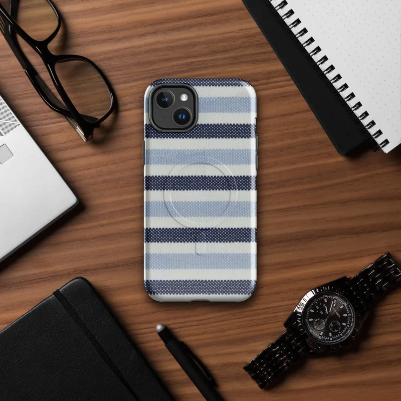 Glossy Nautical Stripe Seas the Day MagSafe Tough Case for iPhone — horizontal stripes of navy, sky blue, and white