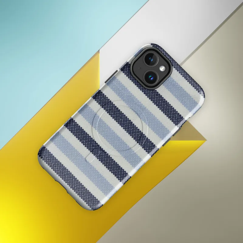 Glossy Nautical Stripe Seas the Day MagSafe Tough Case for iPhone — horizontal stripes of navy, sky blue, and white