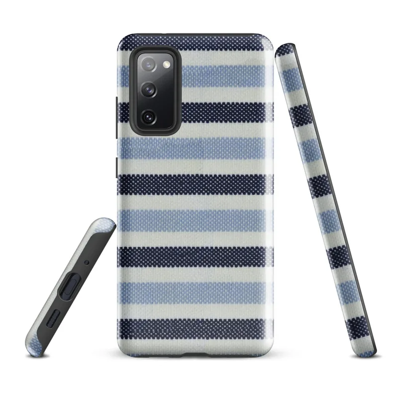 Glossy Nautical Stripe Tough Case for Samsung — horizontal stripes of navy, sky blue, and white in a woven textile pattern