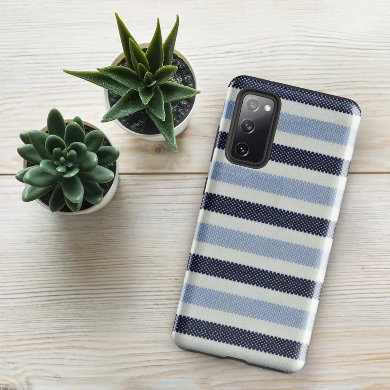Glossy Nautical Stripe Tough Case for Samsung — horizontal stripes of navy, sky blue, and white in a woven textile pattern