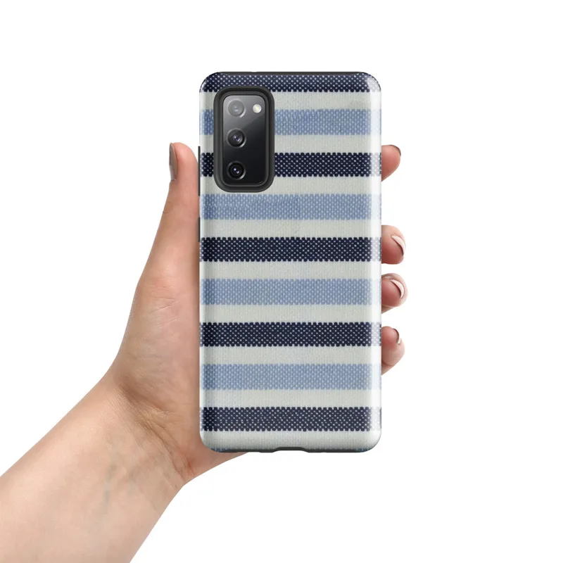 Glossy Nautical Stripe Tough Case for Samsung — horizontal stripes of navy, sky blue, and white in a woven textile pattern