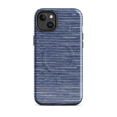 tightly woven horizontal stripes in cobalt blue and white with a fine knit texture suggesting ocean waves on Glossy Ocean Wave Stripe MagSafe Tough Case for iPhone - default - Front view