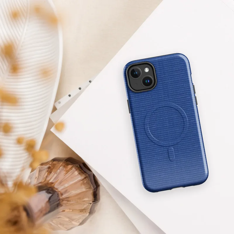 Glossy Royal Blue Woven Texture MagSafe Tough Case for iPhone — close-up woven textile texture in deep royal blue