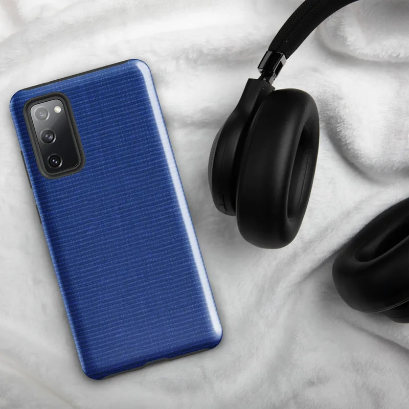 Glossy Deep Blue Woven Texture Tough Case for Samsung — close-up of a tightly woven horizontal ribbed fabric texture in deep