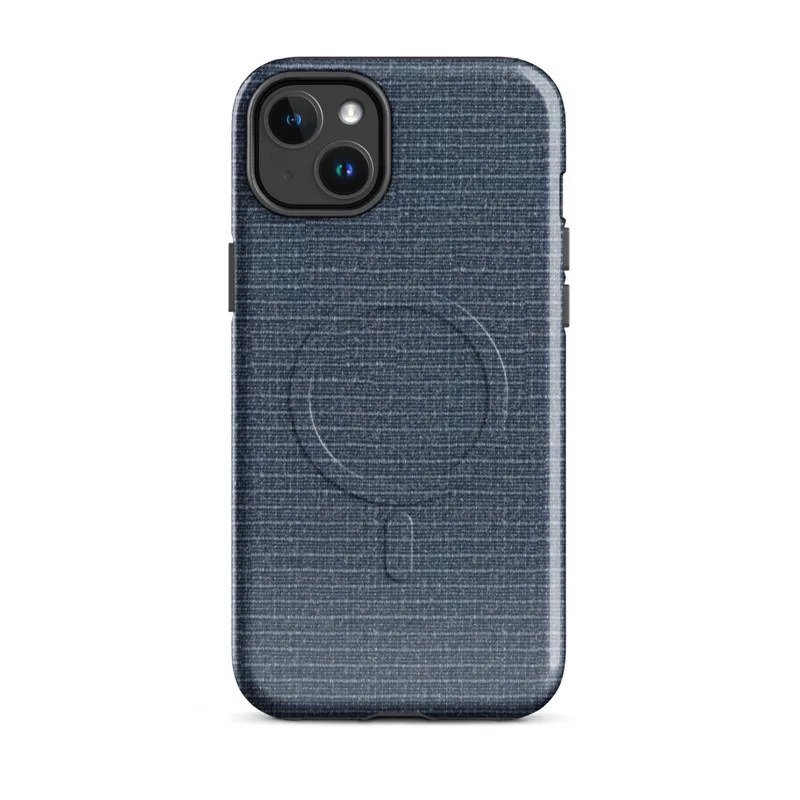 Glossy Maritime Blue Woven Texture MagSafe Tough Case for iPhone — close-up woven textile pattern in deep navy blue