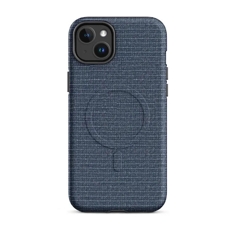 Matte Maritime Blue Woven Texture MagSafe Tough Case for iPhone — close-up woven textile pattern in deep navy blue with fine