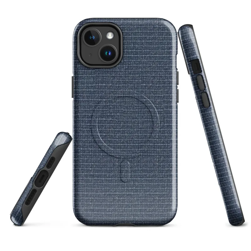 Glossy Maritime Blue Woven Texture MagSafe Tough Case for iPhone — close-up woven textile pattern in deep navy blue