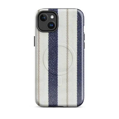 vertical ticking stripes in navy blue and cream with thin taupe accent lines on a woven textile-style background on Glossy Nautical Ticking Stripe Classic MagSafe Tough Case for iPhone - default - Front view