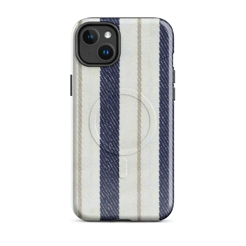Glossy Nautical Ticking Stripe Classic MagSafe Tough Case for iPhone — vertical ticking stripes in navy blue and cream