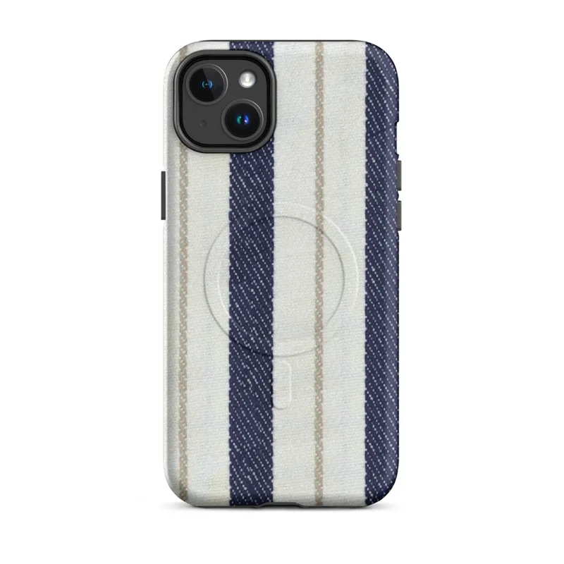 Matte Nautical Ticking Stripe Classic MagSafe Tough Case for iPhone — vertical ticking stripes in navy blue and cream