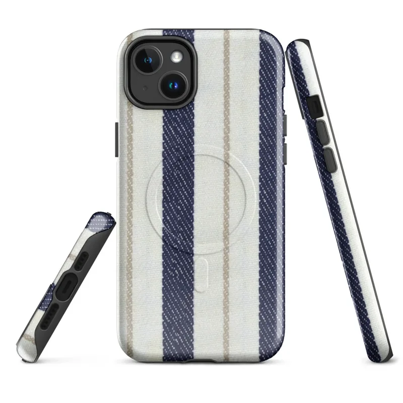 Glossy Nautical Ticking Stripe Classic MagSafe Tough Case for iPhone — vertical ticking stripes in navy blue and cream