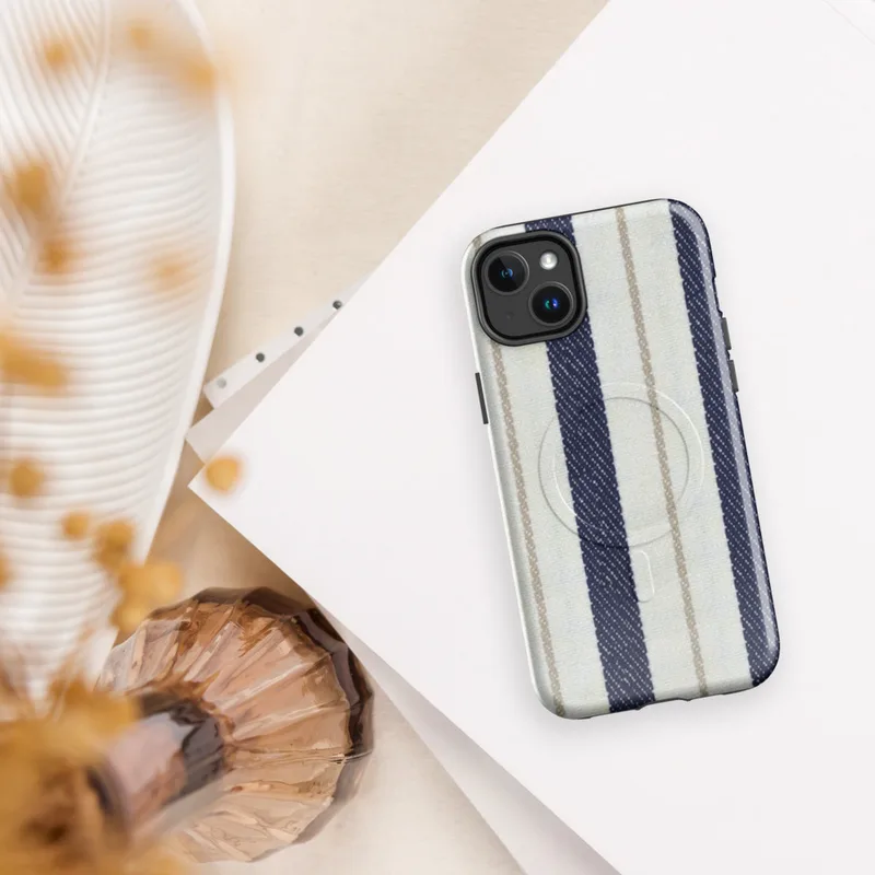 Glossy Nautical Ticking Stripe Classic MagSafe Tough Case for iPhone — vertical ticking stripes in navy blue and cream