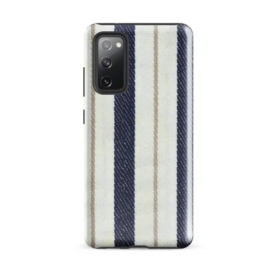 classic ticking stripe pattern with bold navy blue and off-white vertical stripes accented by thin taupe pinstripes on woven textile texture on Glossy Nautical Ticking Stripe Tough Case for Samsung - default - Front view