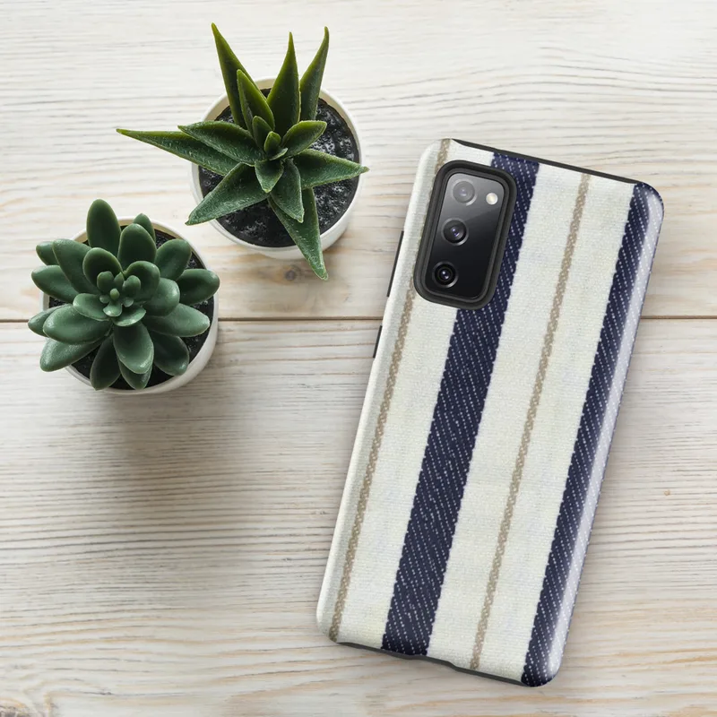 Glossy Nautical Ticking Stripe Tough Case for Samsung — classic ticking stripe pattern with bold navy blue and off-white