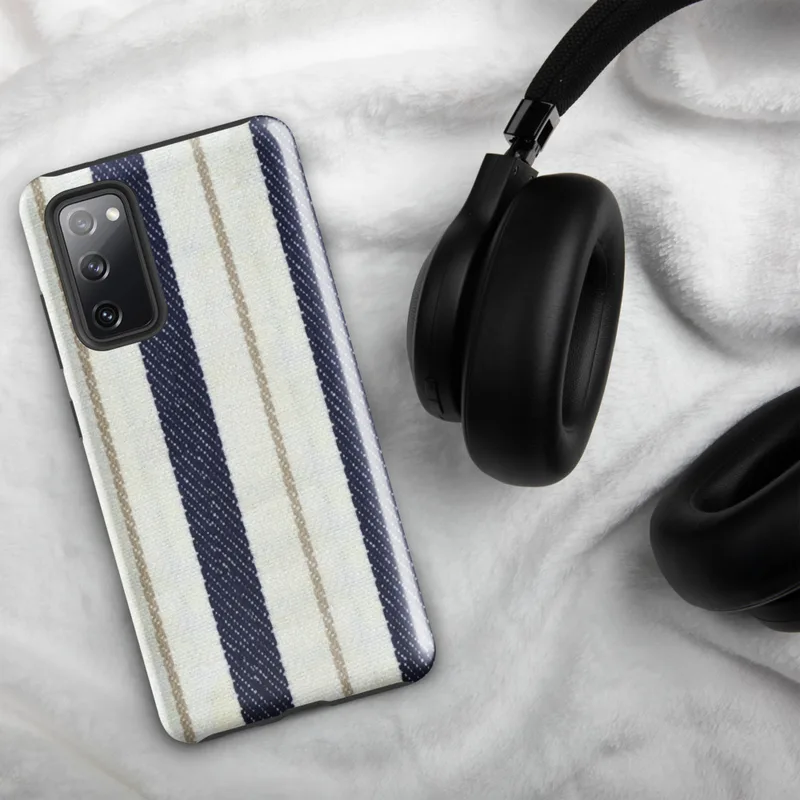 Glossy Nautical Ticking Stripe Tough Case for Samsung — classic ticking stripe pattern with bold navy blue and off-white
