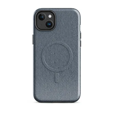 close-up diagonal twill weave pattern in muted blue-grey tones resembling worn denim fabric on Glossy Classic Denim Weave MagSafe Tough Case for iPhone - default - Front view