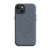 Matte Classic Denim Weave MagSafe Tough Case for iPhone — close-up diagonal twill weave pattern in muted blue-grey tones