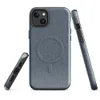 Glossy Classic Denim Weave MagSafe Tough Case for iPhone — close-up diagonal twill weave pattern in muted blue-grey tones