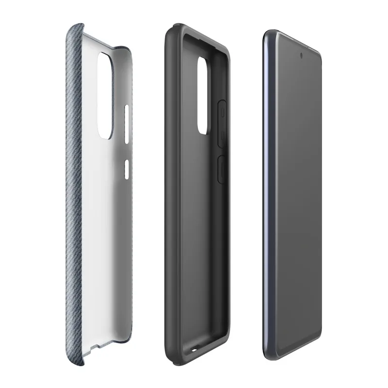 Glossy Worn Denim Classic Tough Case for Samsung — close-up diagonal twill weave of washed denim fabric in muted slate