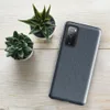 Glossy Worn Denim Classic Tough Case for Samsung — close-up diagonal twill weave of washed denim fabric in muted slate