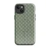 Glossy Garden Weave Stripe MagSafe Tough Case for iPhone — basket-weave grid pattern in sage and celadon green with thin