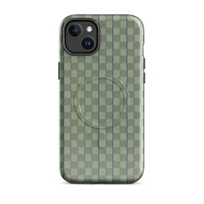 basket-weave grid pattern in sage and celadon green with thin vertical stripes in navy, dusty rose, and golden yellow on Glossy Garden Weave Stripe MagSafe Tough Case for iPhone - default - Front view