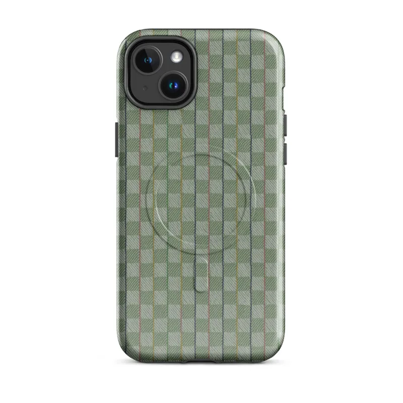 Glossy Garden Weave Stripe MagSafe Tough Case for iPhone — basket-weave grid pattern in sage and celadon green with thin