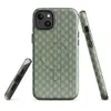 Glossy Garden Weave Stripe MagSafe Tough Case for iPhone — basket-weave grid pattern in sage and celadon green with thin
